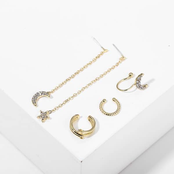 Star And Moon Rhinestone Tassel Earring Set 5 Piece Set