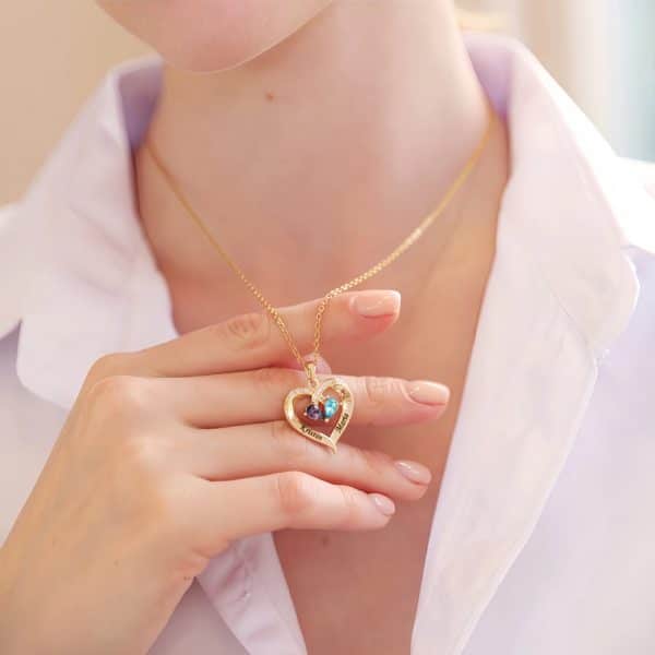 Two-color Water Drop Pendant Heart Shape With Diamond 12 Birthstone Peach Heart Necklace For Women