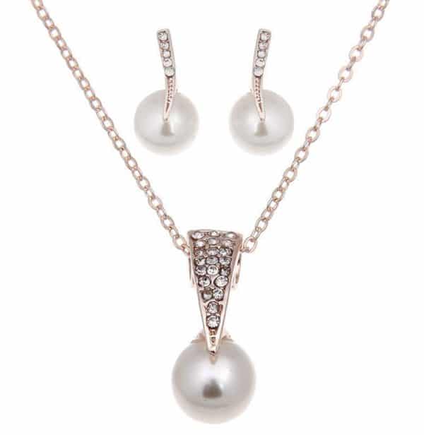 Bride Rhinestone Pearl Earrings Necklace Set Banquet Dress Jewelry