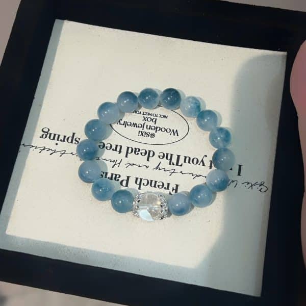 White Crystal Ink Blue Floating Flower Chalcedony Aquamarine Bracelet