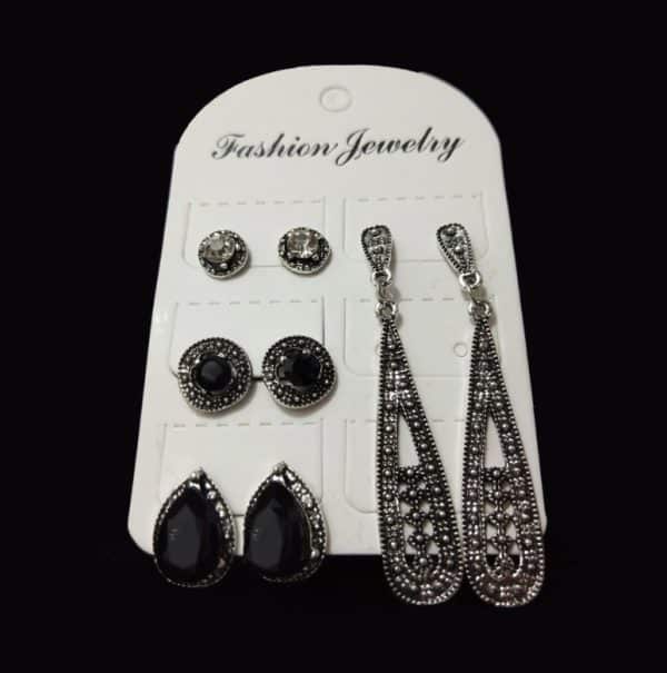 New Bohemian Black Diamond Long Vintage Zircon 4 Pair Stud Earrings Set Combination
