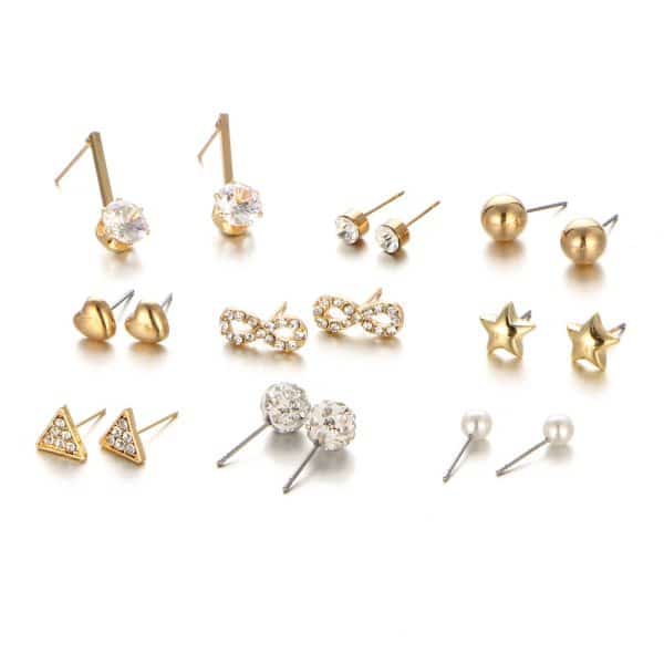 Zircon earrings set with 9 pairs of earrings set with crystal heart triangle diamond set
