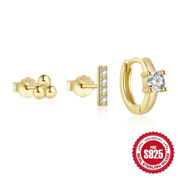 S925 Sterling Silver Fashion Simple Mini Geometric Glossy Round Eight-pointed Stars Single Row Zircon Set Earrings
