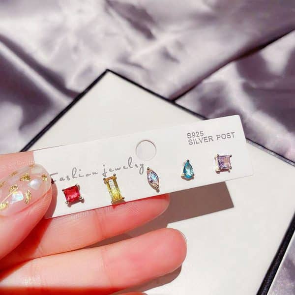 Copper 5 Colors Zircon Stud Earrings Set Geometry Small