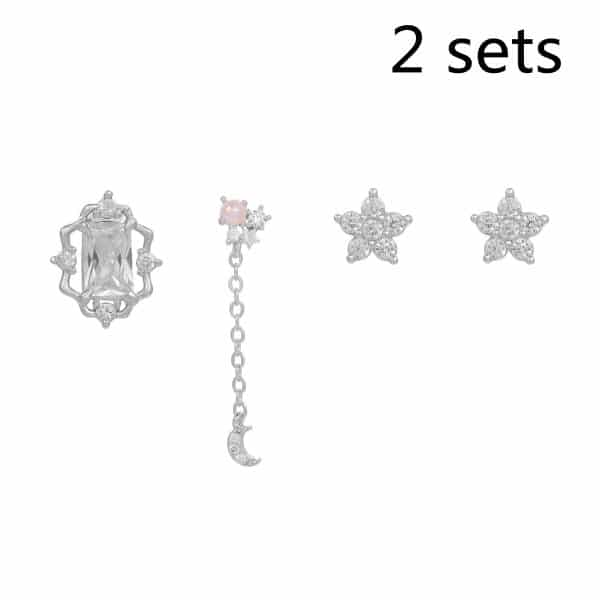 Earring Set, Moon Earrings, Gold Floral Earrings, Small Chain Earrings