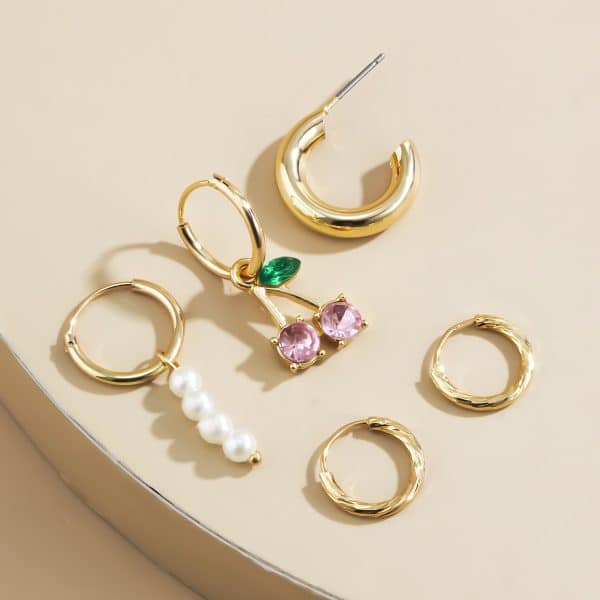 Simple Temperament Pearl Diamond And Cherry Earrings Set