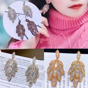 Natural Wind Micro-set Zircon Leaf-shaped Earrings With Silver Needles
