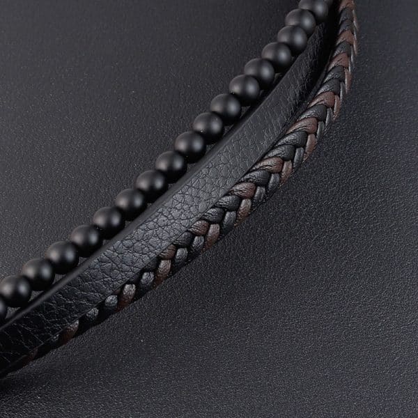 Natural Stone Lava Stone Bracelet Stainless Steel Leather