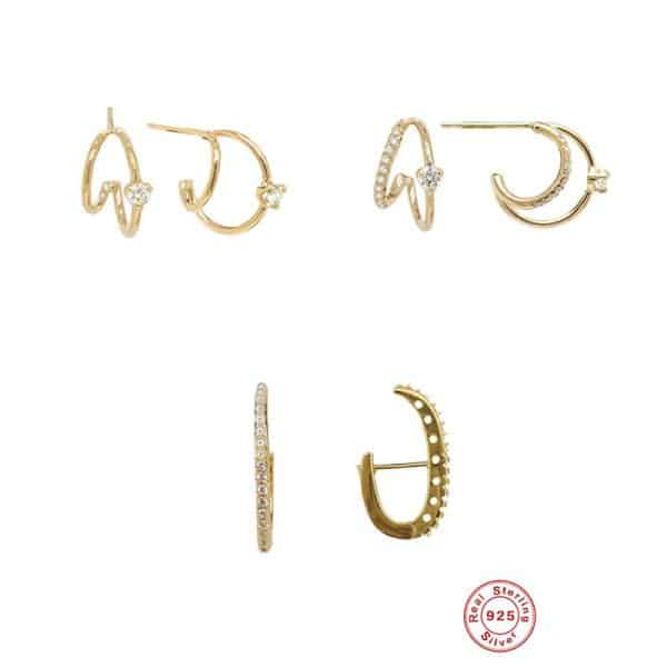 S925 Sterling Silver Layered C- Shaped Pave Claw Set Double Earrings
