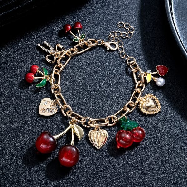 Cherry Alloy Peach Heart Bow Pendant Adjustable Bracelet