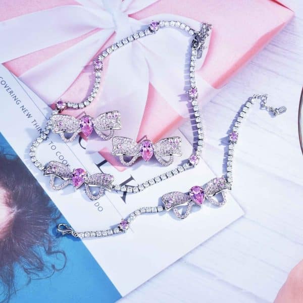 High-grade Affordable Luxury Fashion Full Diamond Bow Necklace Necklace Bracelet Ear Studs Suit