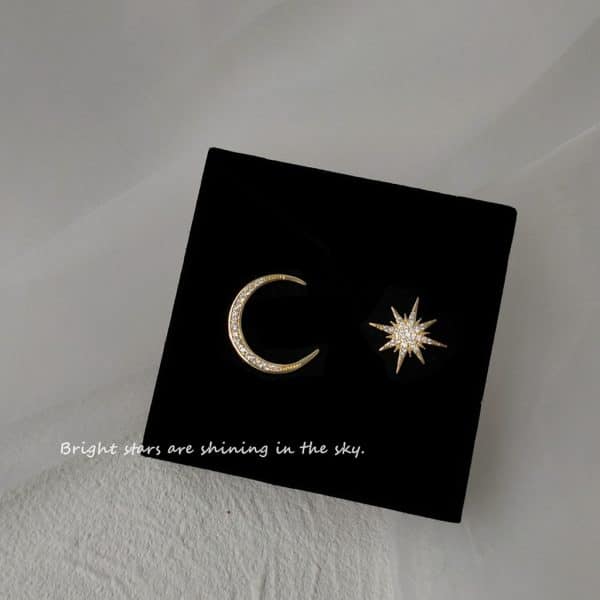 Real Gold Zircon Micro-Set Octopus And Moon Asymmetric Stud Earrings