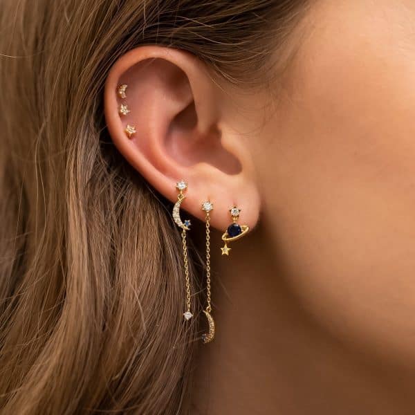 Star And Moon Chain Stud Earrings Set