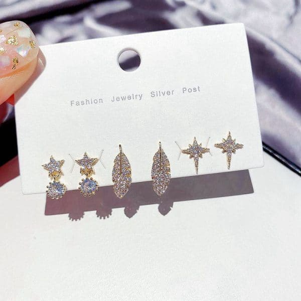 6-piece Set Of Simple Leaves Five-pointed Star Earrings