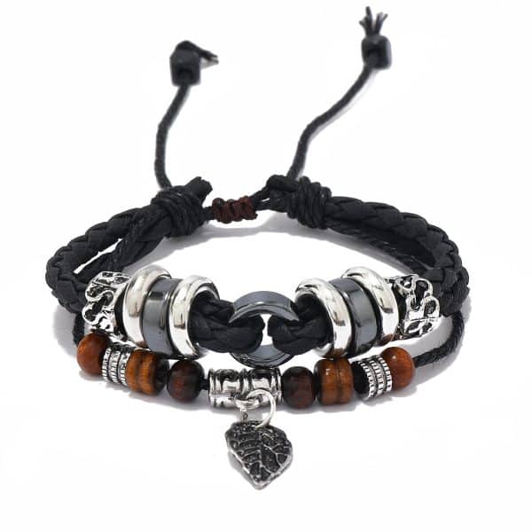 Woven Leaf Pendant Men's Leather Bracelet Simple