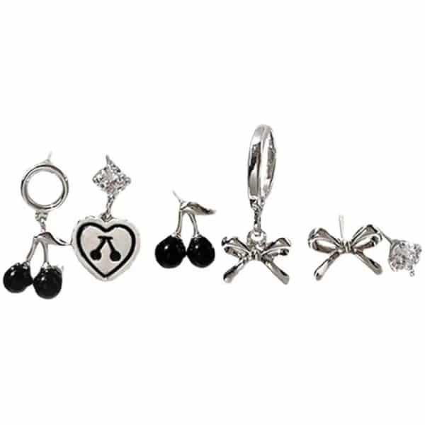 Women's Black Cherry Bow Earrings Set