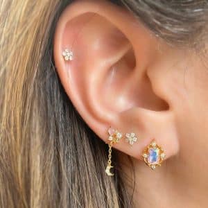 Earring Set, Moon Earrings, Gold Floral Earrings, Small Chain Earrings