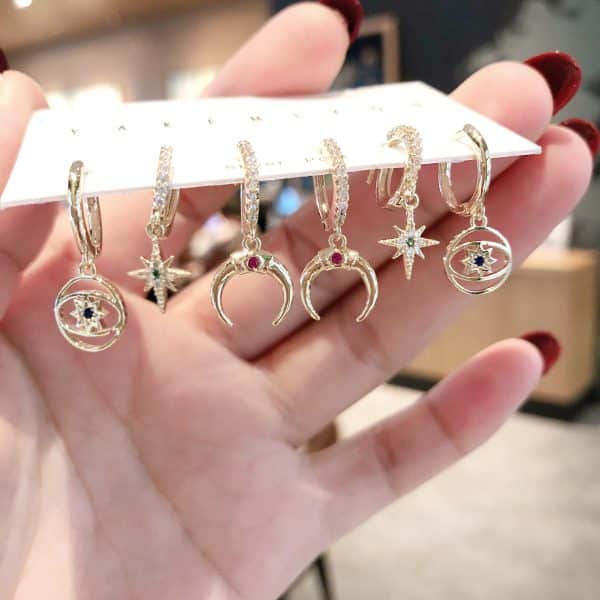 Personalized 6-piece set of micro-inlaid moon star earring
