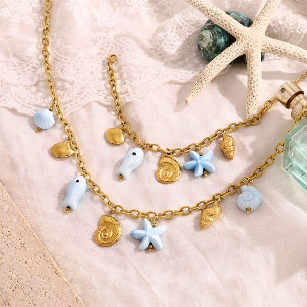 Titanium Steel Starfish Conch Shell Pendant Necklace