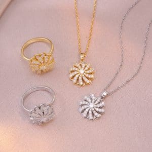 Female Zircon Flower Fashion Titanium Steel Necklace Ring