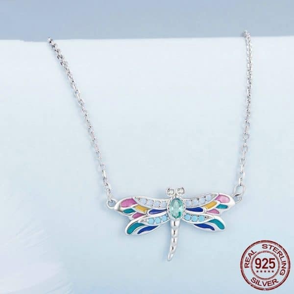 New S925 Sterling Silver Colorful Exquisite Dragonfly Necklace