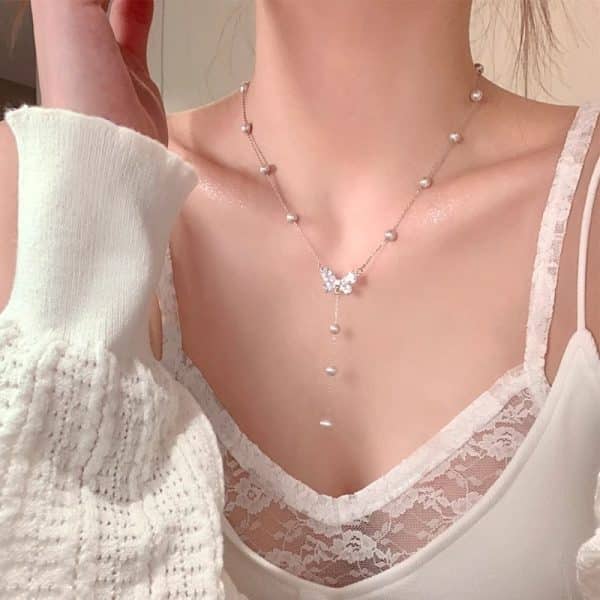 Titanium Steel No Fading Irregular Pearl Dripping Butterfly Necklace