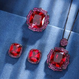 Jewelry Copper Sole Gold Plated Simulation Red Corundum Fat Rectangular Black Gold Personalized Set
