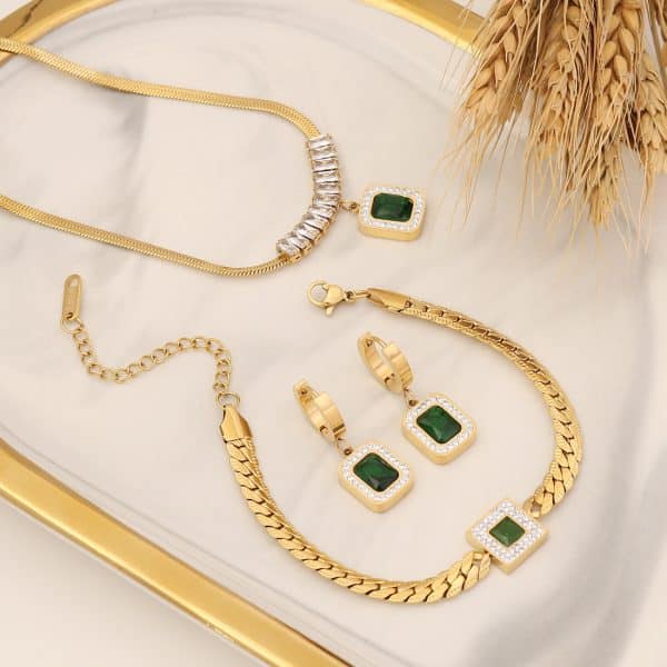 Diamond Emerald Zircon Necklace Stainless Steel Jewelry Set