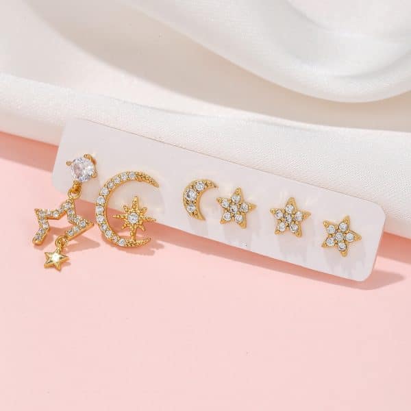 Pentagram Moon Combination Set Zircon Stud Earrings