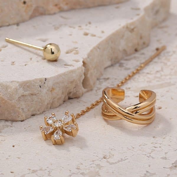 Gold Fashion Personality Small Irregular Flower Pin Three-piece Set Of Copper Micro-inlaid Zircon Earrings