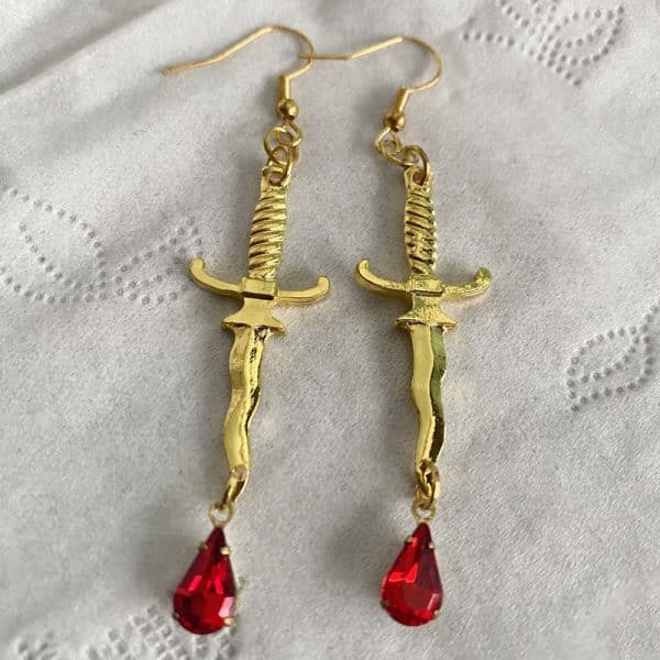 Dagger And Blood Red Drop Earrings
