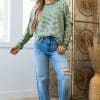 Green Stripe Thermal Knit Drop Shoulder Casual Top