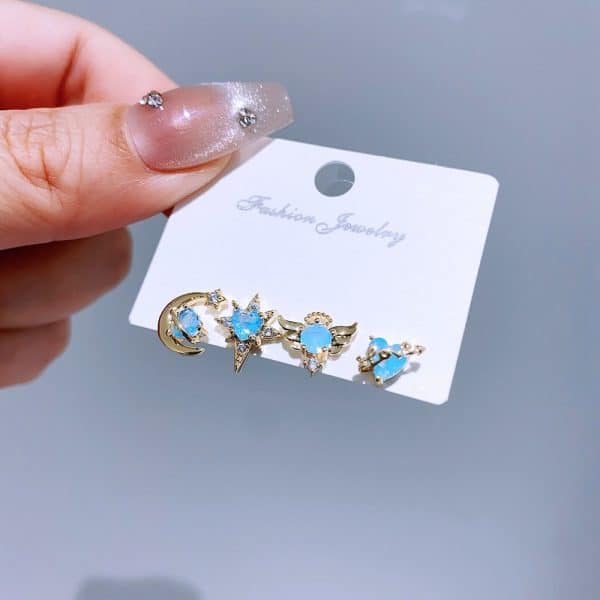 New Dream Blue Loving Heart Planet Earrings 4-piece Set