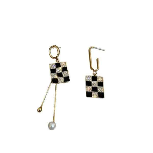 Asymmetric Drop Oil Plaid Earrings Sterling Silver Needle