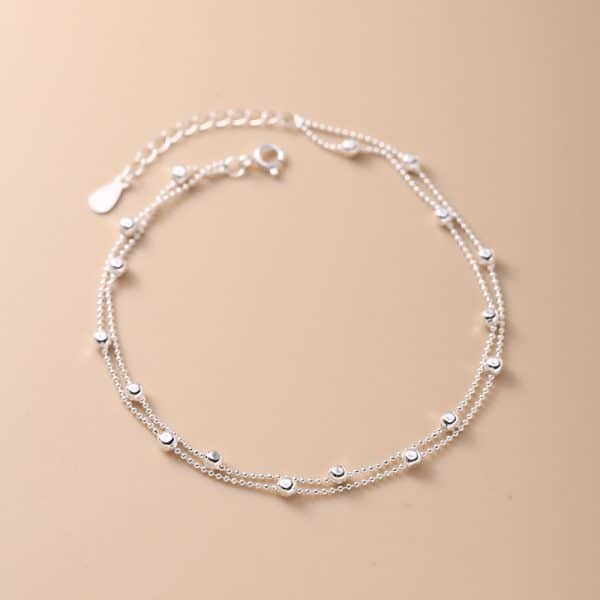 925 Sterling Silver Interval Round Beads Double-circle Anklet Female