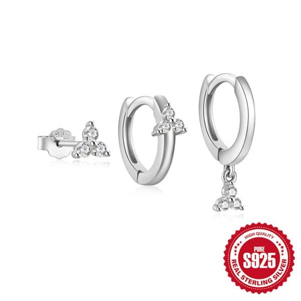 S925 Sterling Silver Fashion Simple Mini Geometric Glossy Round Eight-pointed Stars Single Row Zircon Set Earrings