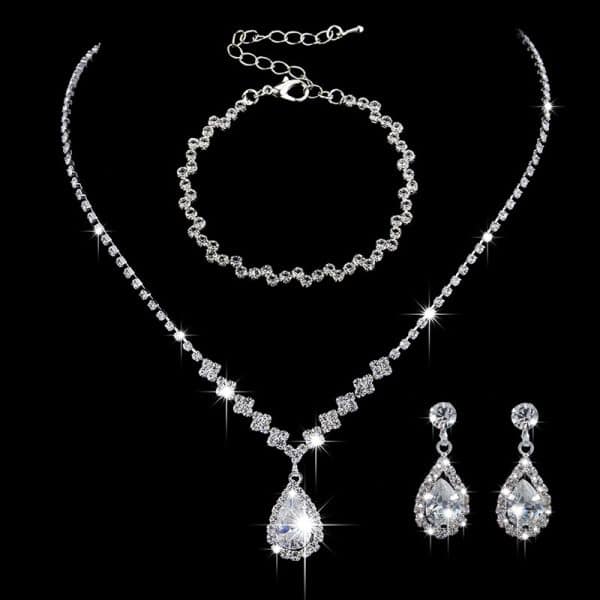 Brilliant Full Diamond Zircon Water Drop Necklace Eardrop Jewelry Set