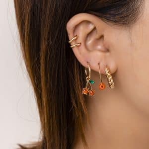 Retro Fashion Red Cherry Rhinestone Rice Bead Set Earrings