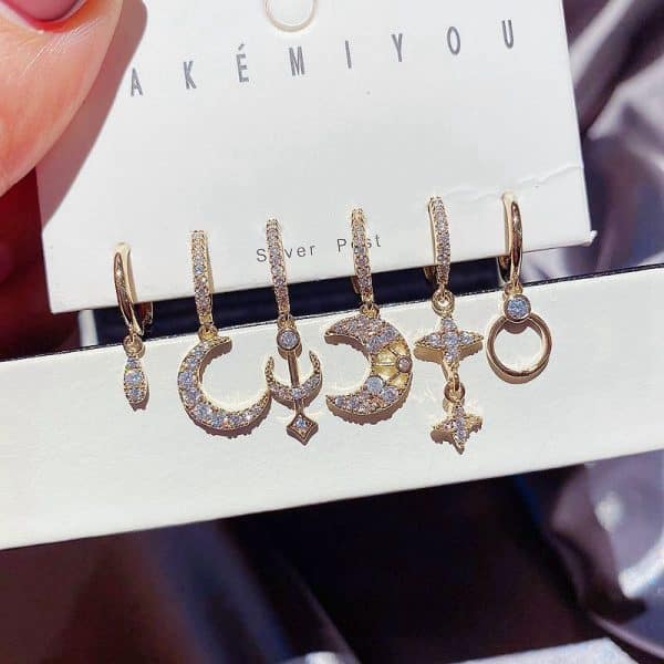 Zircon Micro Inlaid Fantasy Stars and Moon Earrings Set