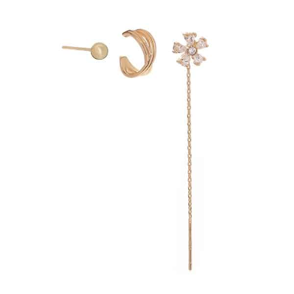 Gold Fashion Personality Small Irregular Flower Pin Three-piece Set Of Copper Micro-inlaid Zircon Earrings