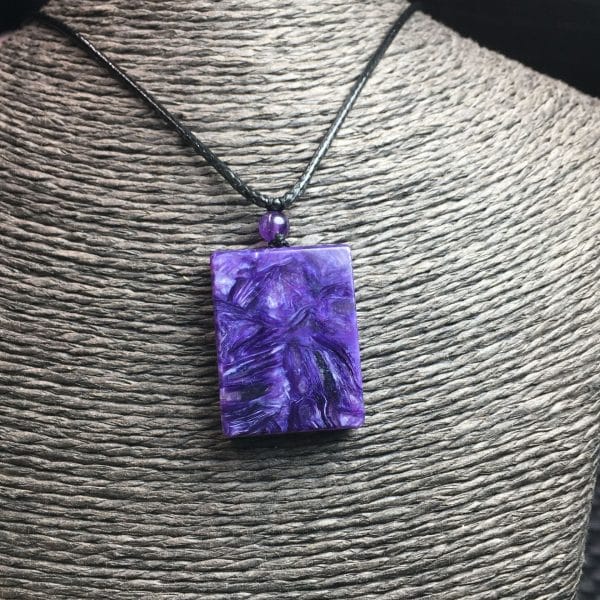 Natural Charoite Square Plate Pendant With Leather Rope