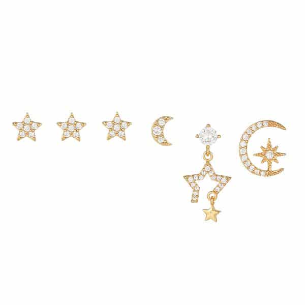 Pentagram Moon Combination Set Zircon Stud Earrings