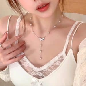 Titanium Steel No Fading Irregular Pearl Dripping Butterfly Necklace