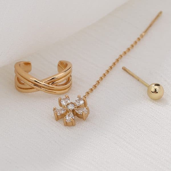 Gold Fashion Personality Small Irregular Flower Pin Three-piece Set Of Copper Micro-inlaid Zircon Earrings