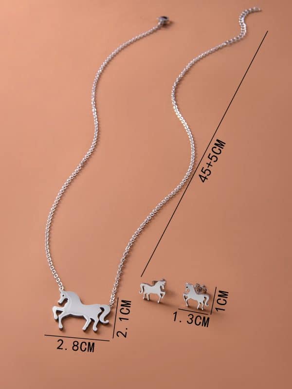 Stainless Steel Gold Silver Unicorn Horse Necklace Earrings Jewelry Set