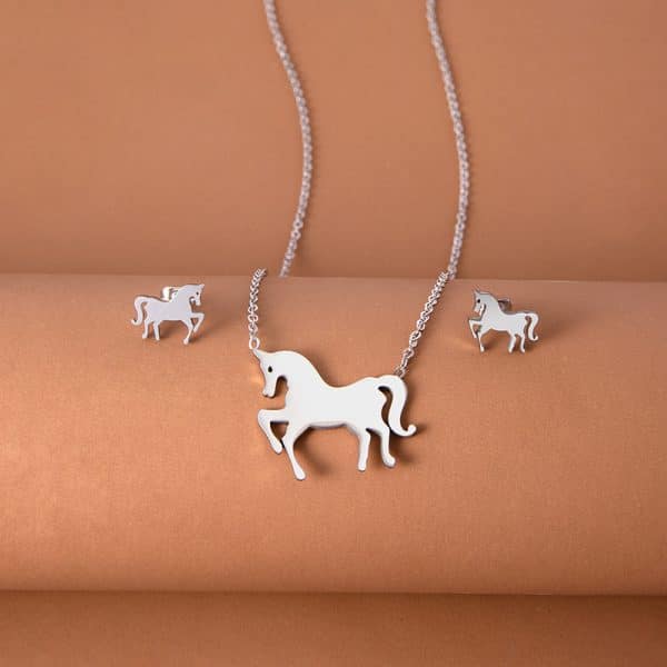 Stainless Steel Gold Silver Unicorn Horse Necklace Earrings Jewelry Set