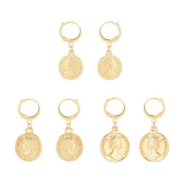 Set Of 3 Earrin Leaf Shape Earrings Coins Embossed