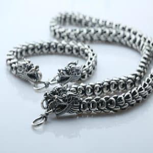 Double Chinese Dragon Heads Dragon Scale Necklace S925 Silver Vintage