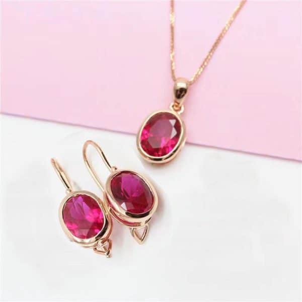 Cross-border Hot Selling New Russian Fashion Rose Redstone Hollow Stud Earrings Pendant Suit