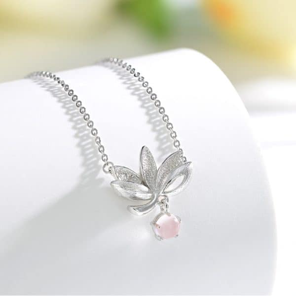 Pink Crystal Necklace Women's Sterling Silver Lotus